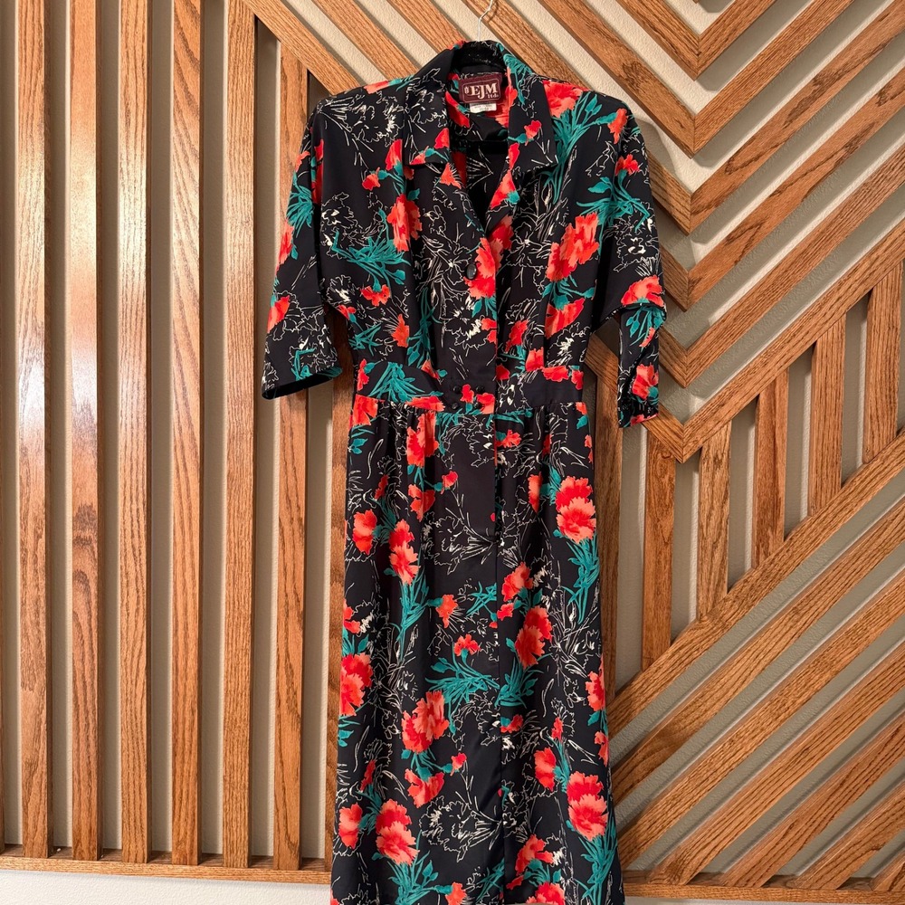 Vintage 80s EJM Floral Midi Dress 11/12 Black Red Teal Pleated Made USA
